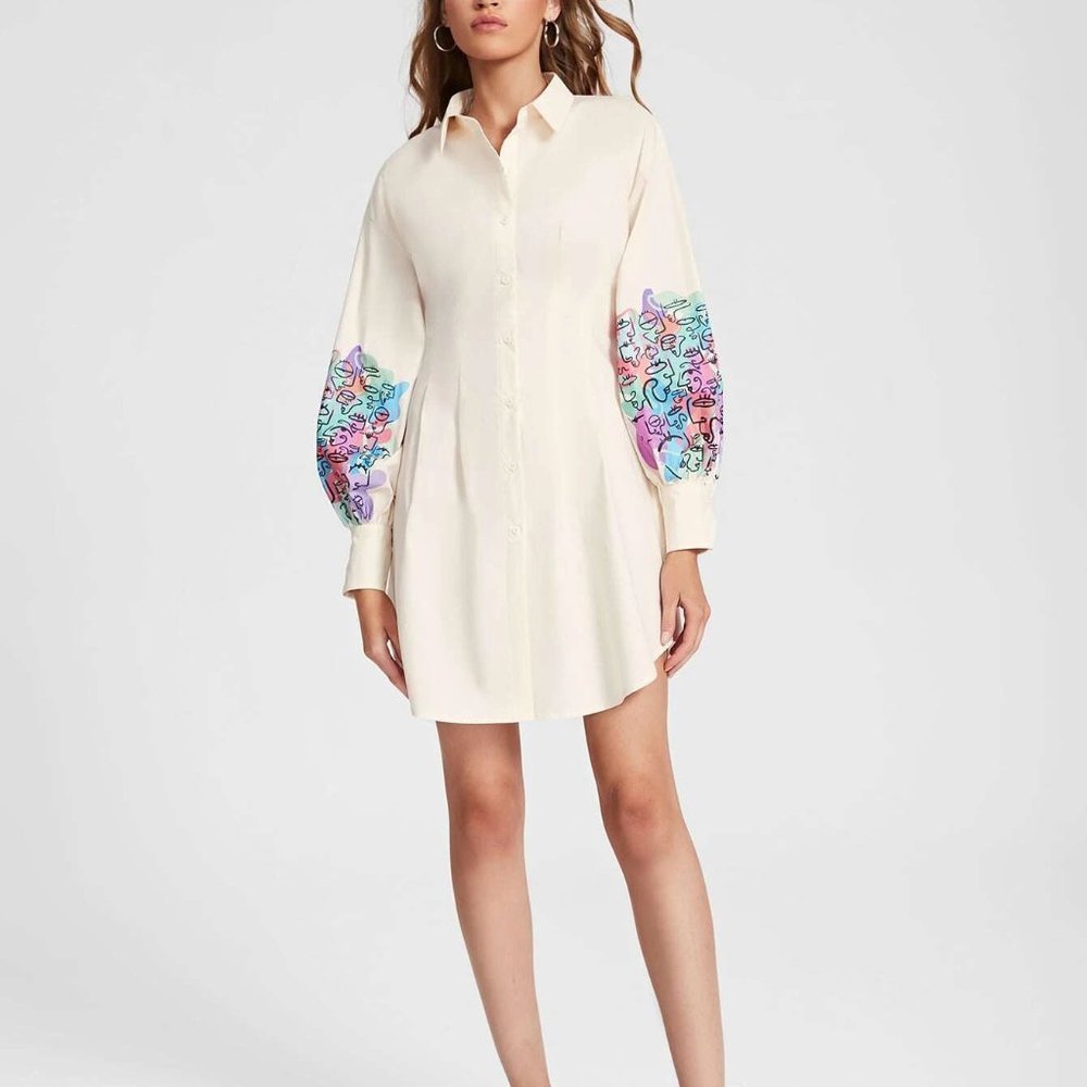 Beige Casual Womens Graphic Lantern Sleeve Fold Pleated Shirt Dress - Picture 3 of 5